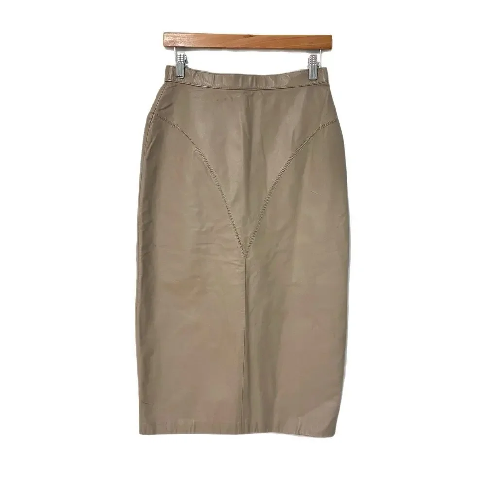 Vintage 80s Tan Beige Leather Skirt Knee Length Size 9/10 FITS SMALL Classic